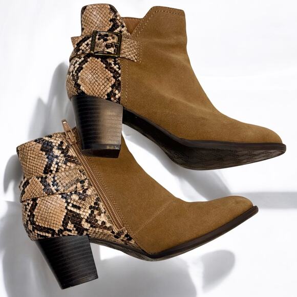 Vionic Naomi Brown Suede Ankle Boots Sz 6 Snake Print Block Heel Zip Up Orthotic - Picture 3 of 11